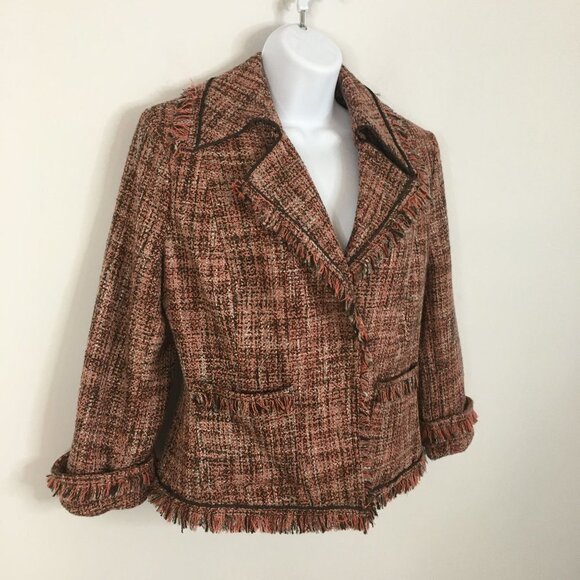 New York & Company Womens TWEED Blazer Size 8 Multicolor 3/4 Sleeve Snap FRINGE - Picture 2 of 11